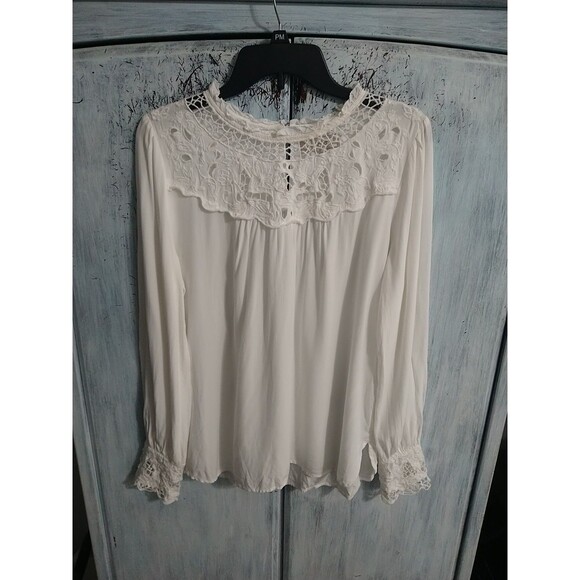 Loft Embroidered Long Sleeve Blouse Large White Cottage Core Feminine Peasant - Picture 2 of 11